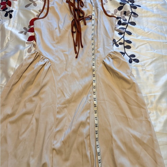 Beige & Brown Three Tie Bow Design Mini Dress spring summer ruched waist - Picture 5 of 7